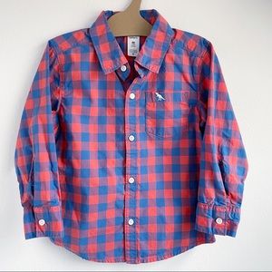 Carters Blue and Orange Check Button Down Shirt Dinosaur Boys SZ 4